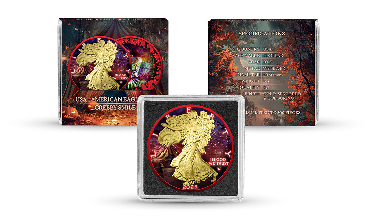 USA 2025 - American Eagle 1 oz Silver Coin – Creepy Smile (Gold, Space Red, Colouring)