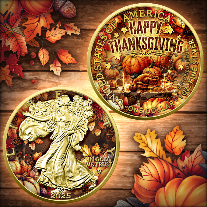 USA 2025 – American Eagle 1 oz Silver Coin – Thanksgiving Day (Gold-Plated, Double-Sided Colour)
