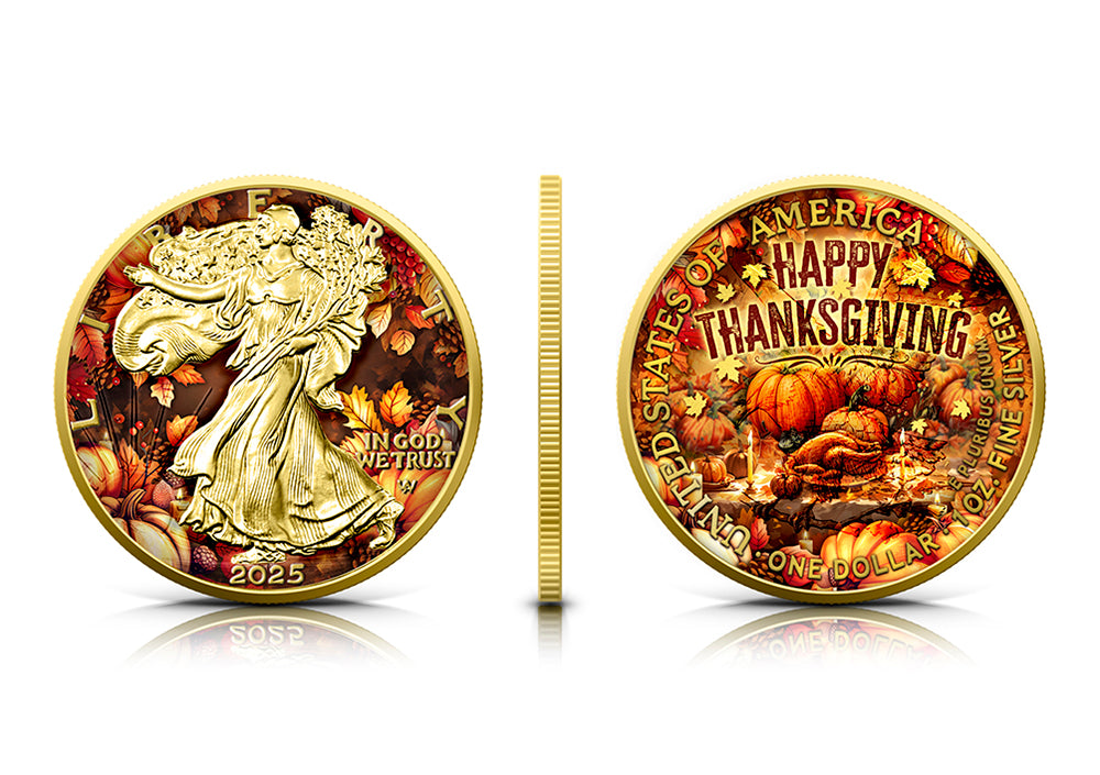 USA 2025 – American Eagle 1 oz Silver Coin – Thanksgiving Day (Gold-Plated, Double-Sided Colour)