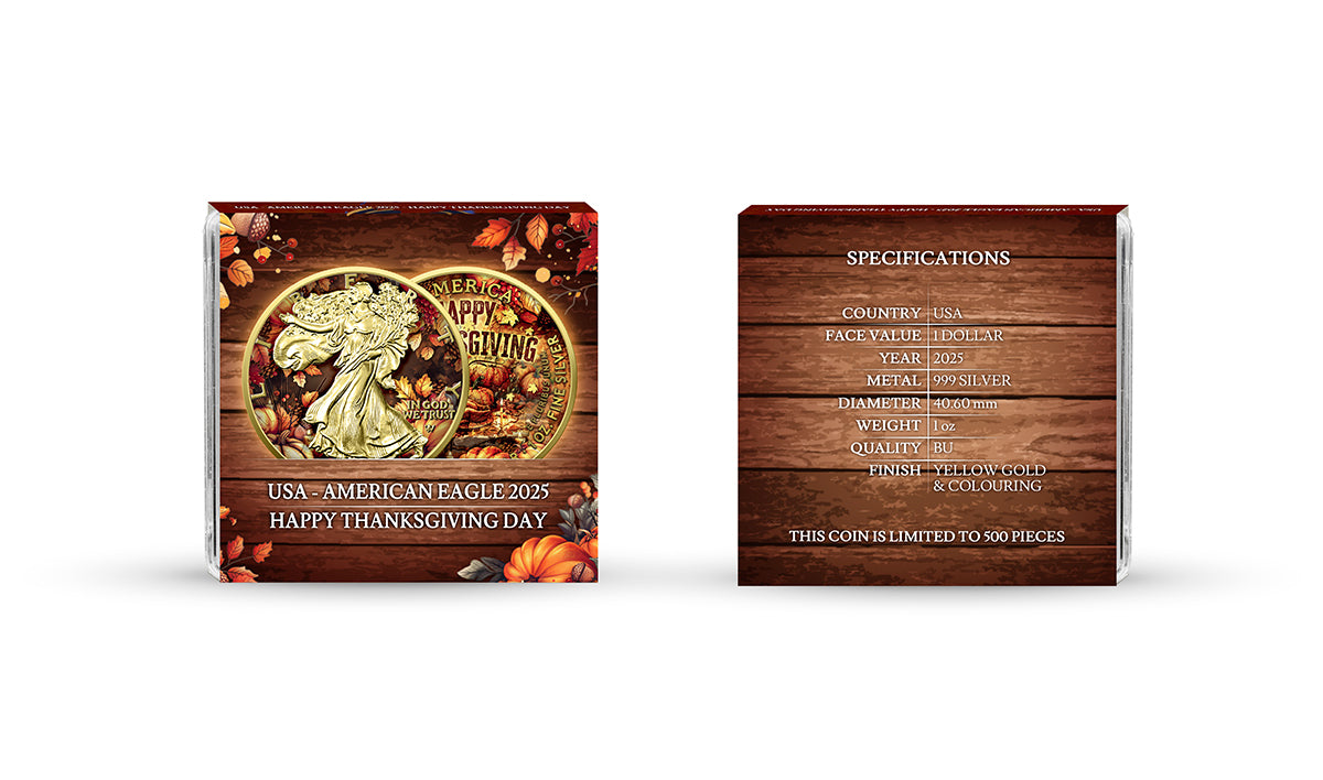USA 2025 – American Eagle 1 oz Silver Coin – Thanksgiving Day (Gold-Plated, Double-Sided Colour)