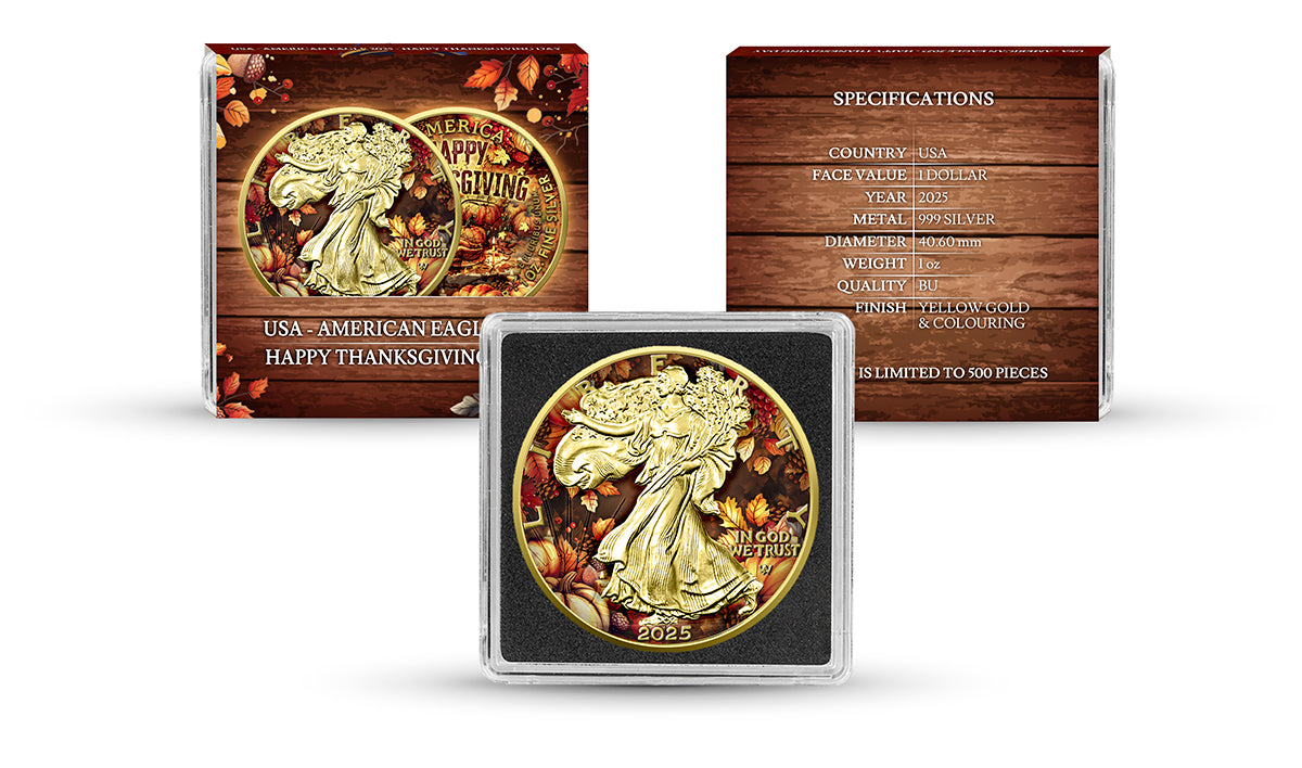 USA 2025 – American Eagle 1 oz Silver Coin – Thanksgiving Day (Gold-Plated, Double-Sided Colour)
