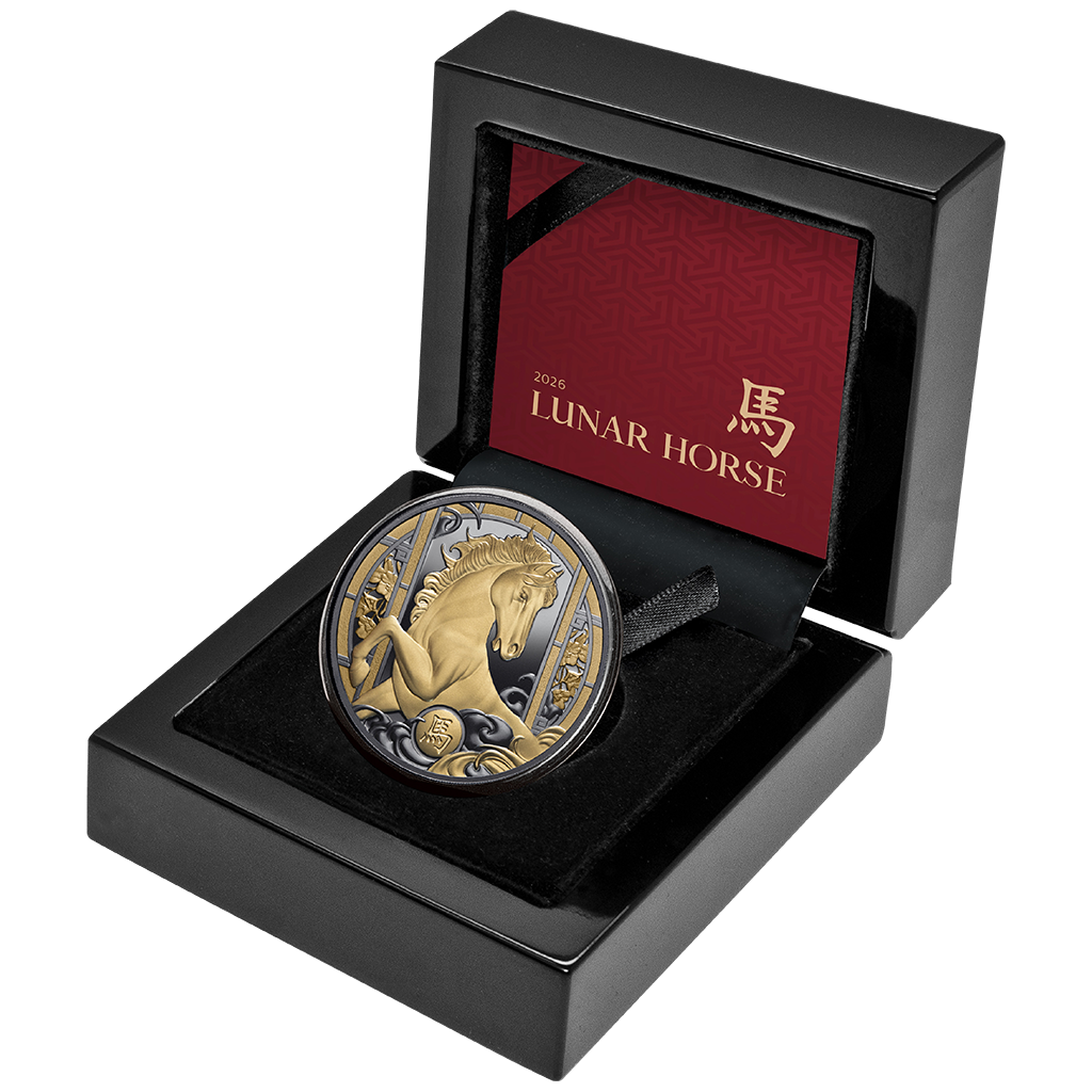 Niue 2026 – Lunar Year of the Horse 1 oz Silver Coin – Black Proof, Gilded