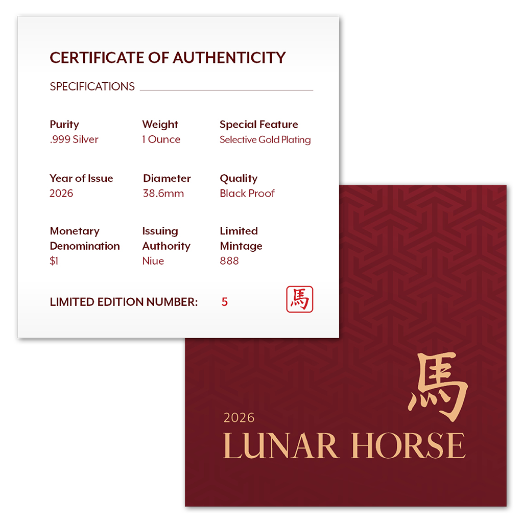 Niue 2026 – Lunar Year of the Horse 1 oz Silver Coin – Black Proof, Gilded